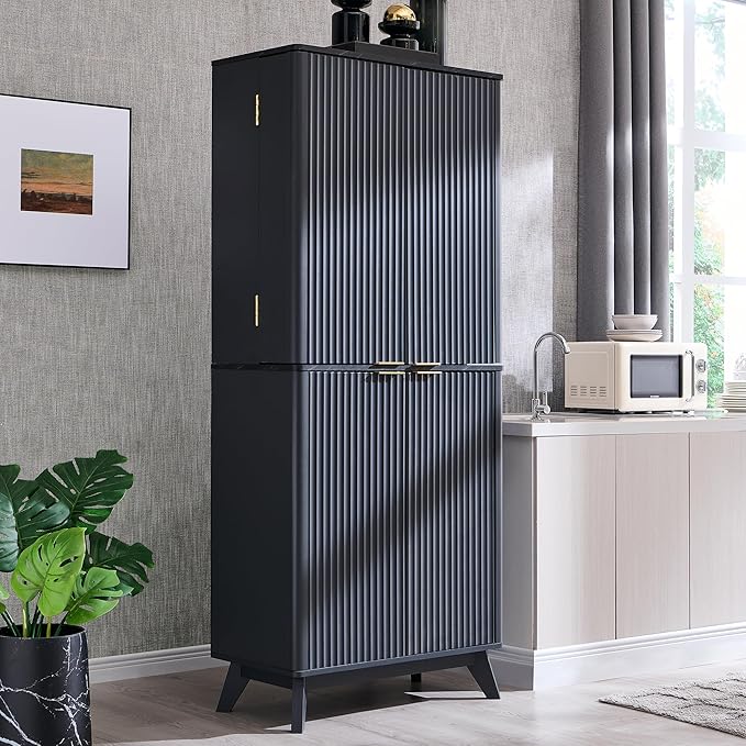 OKD Fluted Kitchen Pantry, 72" Tall Mid Century Modern Storage Cabinet with Adjustable Shelves & Door Organizer, Wood Cabinet for Kitchen, Living Room, Dark Grey-Ruum Studio Home