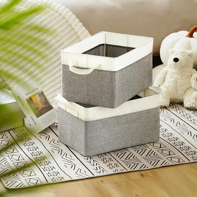 GRANNY SAYS Storage Baskets for Shelves, Closet Organizer Bins, Clothes Storage Bins with Metal Frame, Large Baskets for Organizing and Storage, Collapsible, Gray&White, 2-Pack-Ruum Studio Home