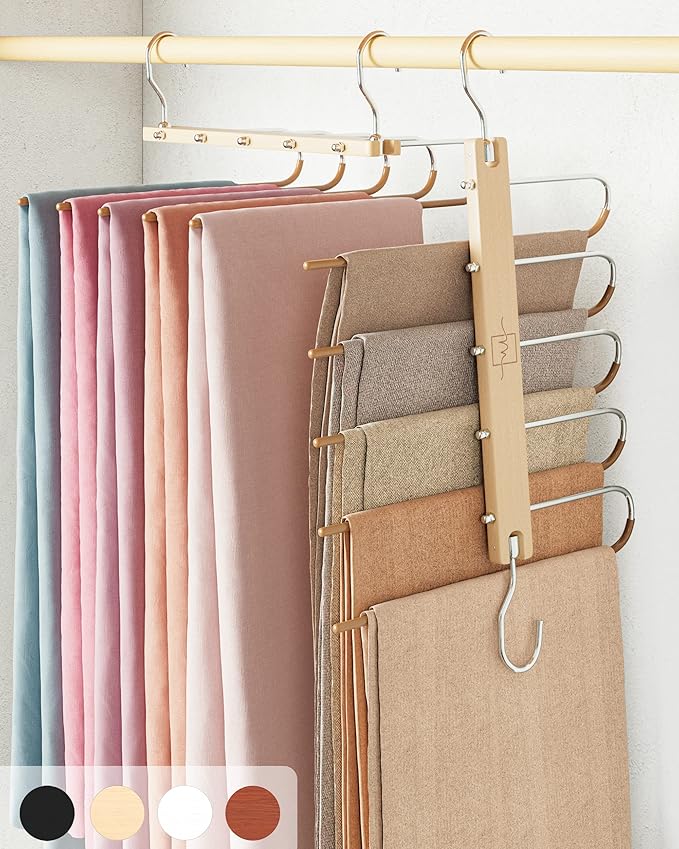MORALVE Pants Hangers Space Saving - 2 Pack European Beechwood Scarf and Jean Hangers - Closet Organizer and Space Saver Pant Rack, Leggings Hanger, and Scarf Holder with 360° Swivel Hook-Ruum Studio Home