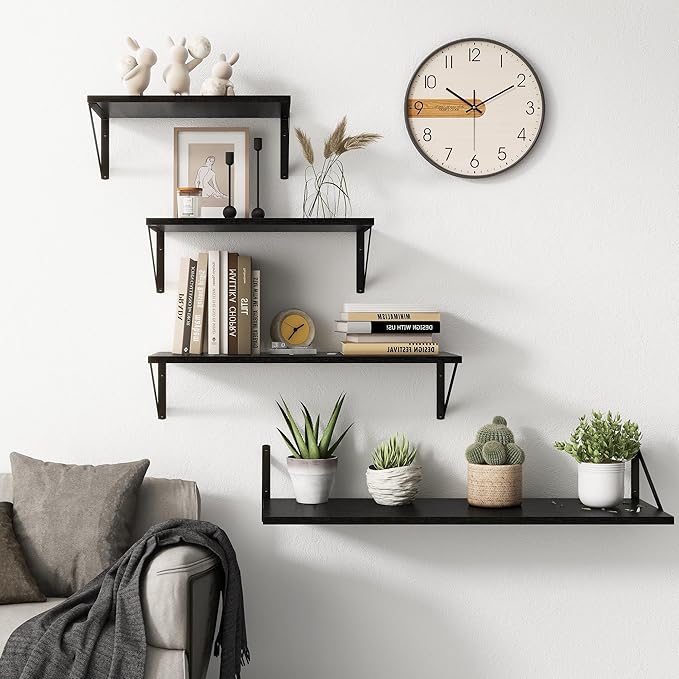 Fun Memories 27.5" W x10 D Floating Shelves, Black Wall Shelf with Brackets, 10 Inch Deep Floating Shelf Set of 2, Large Storage Kitchen Living Room Bathroom Shelves, Wood Wall Mounted Shelf-Ruum Studio Home