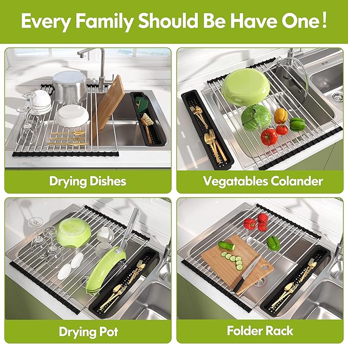 Dish Drying Rack, Roll Up Dryer Rack for Inside Sink, Expandable (12.8"-23.8" D x 15.5" W) 304 Stainless Steel Dish Drainers for Kitchen Counter, Over Sink Cover with Utensil Holder-Ruum Studio Home