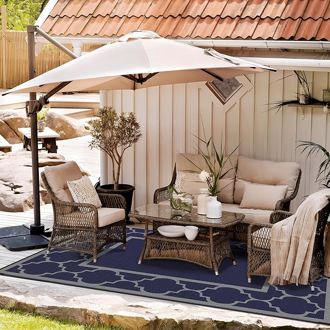 GENIMO Outdoor Rug 9' x 12' Patio Waterproof, Foldable Reversible Plastic Straw Area Rugs Mat for Camper Decor, Outside Carpet for Rv, Deck, Porch, Picnic, Beach, Balcony, Blue & Grey-Ruum Studio Home