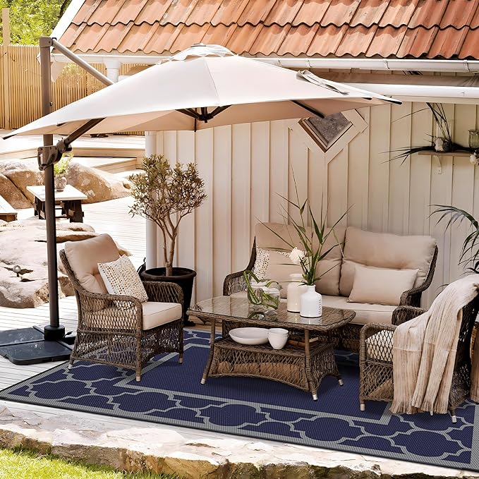 GENIMO 6' x 9' Outdoor Rug Waterproof for Patio Decor, Foldable Reversible Plastic Straw Area Rugs Mat for Camper, Outside Carpet for Rv, Deck, Porch, Picnic, Beach, Balcony, Blue & Grey-Ruum Studio Home