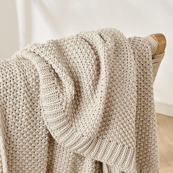 Joydeco Chunky Cable Knit Throw Blanket, Lightweight 100% Organic Cotton Soft Cozy Throw Twin Blanket for Couch Bed and Sofa, Rustic Breathable Farmhouse Blanket Gift for Women Men(Beige, 60"x80")-Ruum Studio Home