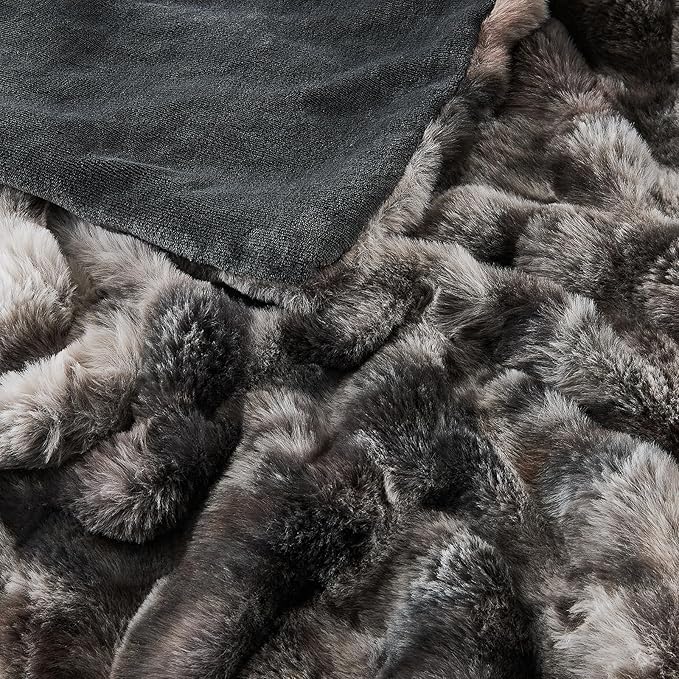 Lotus Karen Faux Fur Throw Blanket Tie-Dye Dark Gray - Big Bubble Rabbit Fluff Blanket for Couch, Small Fluffy Fuzzy Cozy Blanket, Thick Furry Plush Shaggy Blankets, 50x60 Inches-Ruum Studio Home