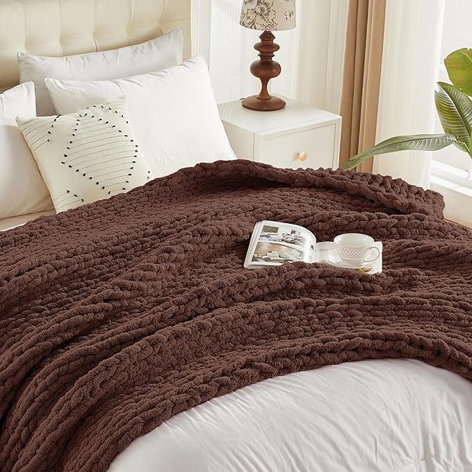 Carriediosa Chunky Knit Throw Blanket 60" X 80" Twin, 100% Hand Made Large Chenille Loop Yarn Soft Fluffy Throws for Couch Sofa Bed, Big Crochet Cozy Heavy Thick Cable Woven Blanket, Cocoa Brown-Ruum Studio Home