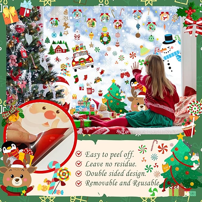 Christmas Window Clings - Christmas Large Window Stickers for Glass Window, Reusable Static Vinyl Double-Sided Winter Decals, Cute Snowflake Snowman Holiday Xmas Decorations, 197 PCS/9 Sheet-Ruum Studio Home