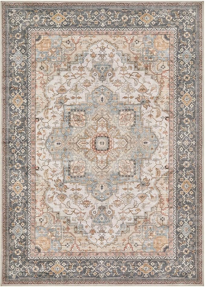 Washable Area Rugs for Living Room - 7x9 Neutral Vintage Distressed Floral Farmhouse Boho Large Soft Floor Rug Indoor Non Slip Carpet for Living Room Bedroom Dining Room Office - Forest Green Orange-Ruum Studio Home