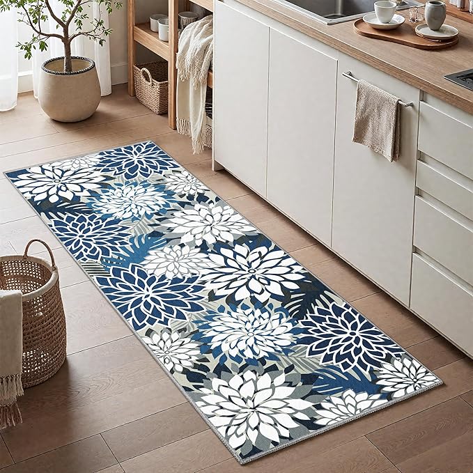 Area Rug 2x6 Blue White Washable Entry Rug Multicolored Tropical Botanical Modern Floral Indoor Kitchen Door Mat Entrance Carpet Non Slip for Bedroom Living Room, Porch-Ruum Studio Home