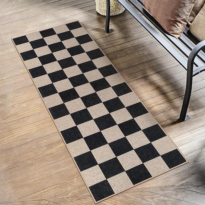 Lahome Checkered Easy Jute Runner Rug, 2x6 Kitchen Runner Rug Non Slip Washable Outdoor Carpet for Entryway Indoor, Checkerboard Black Indoor Outdoor Carpet Runners for Hallway 6ft Entry-Ruum Studio Home