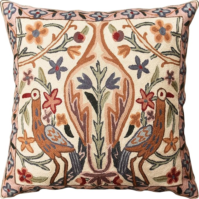 Tree of Life Pillow Cover - Crane Cream Floral Outdoor Pillows | Suzani Cushions | Modern Floral Cushion Hand Embroidered Shams Wool Size - 18x18-Ruum Studio Home