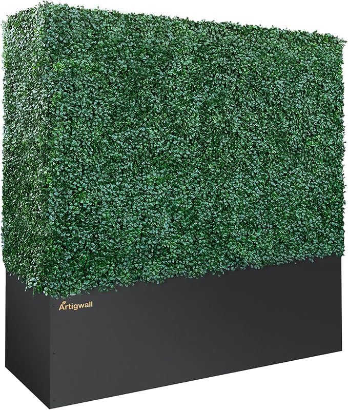 Artificial Boxwood Hedge Divider Wall with Black 201 Stainless Steel Planter Box (60" L X 48" H X 14" D)-Ruum Studio Home