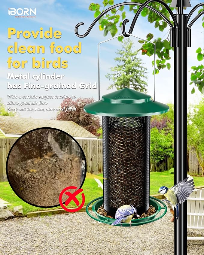 iBorn Bird Feeders for Outdoors, All Metal Mesh Tube, Holding Bird Seed for Outside Feeders,18cm Large Roof, Green, 2.8lb(Seed is not Included)-Ruum Studio Home