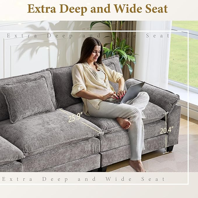 URRED Modular Sectional Sofa Comfy Cloud Couch, Modern Chenille Sofa Sleeper Deep Seat Couches with Ottoman/Pillows for Living Room (Gray, 82.6''- L Shape)-Ruum Studio Home