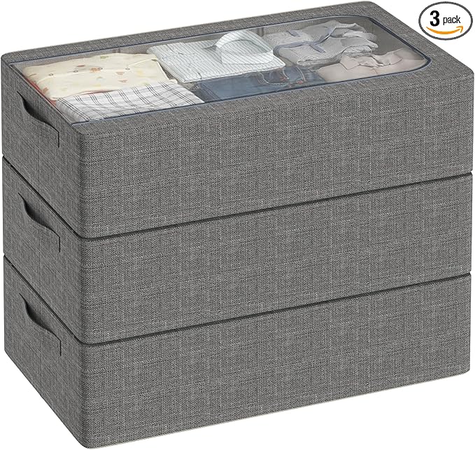 3PCS Under Bed Storage Bins with Metal Frame, Linen Fabric Frame Storage Box Clothes Organizer Bins, Underbed Container with Clear Window (Dark Grey, 23.6 x 13 x 6IN)-Ruum Studio Home