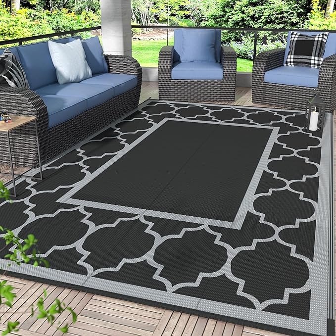 GENIMO 5' x 8' Outdoor Rug Waterproof for Patio Decor, Foldable Reversible Plastic Straw Area Rugs Mat for Camper, Outside Carpet for Rv, Deck, Porch, Picnic, Beach, Balcony, Black & Grey-Ruum Studio Home