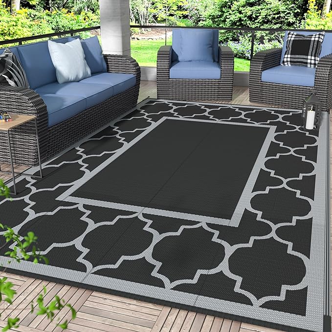 GENIMO 6' x 9' Outdoor Rug Waterproof for Patio Decor, Foldable Reversible Plastic Straw Area Rugs Mat for Camper, Outside Carpet for Rv, Deck, Porch, Picnic, Beach, Balcony, Black & Grey-Ruum Studio Home