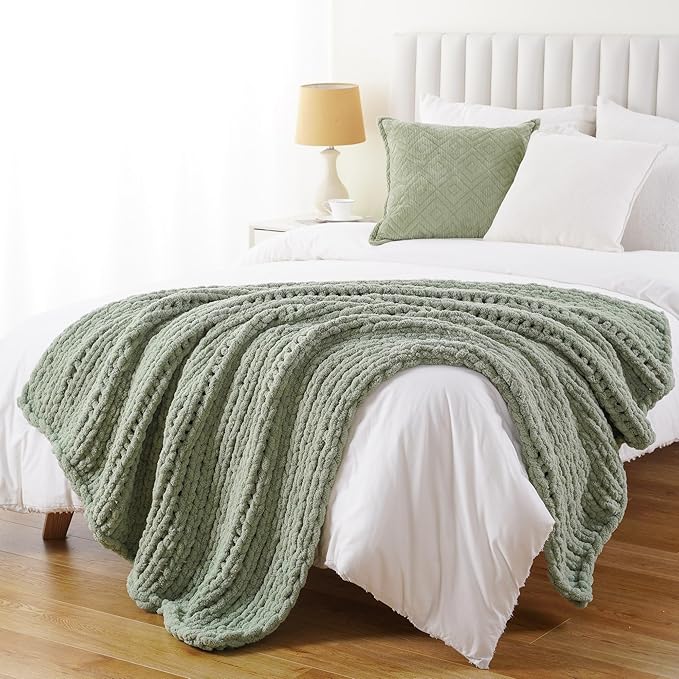 Battilo Chunky Knit Throw Blanket, Soft and Thick Chenille Throw Blanket, 50"x60" Handmade Cable Knit Crochet Blanket, Large Rope Knot Throw Blankets for Couch Sofa Bed Home Decor, Light Green-Ruum Studio Home