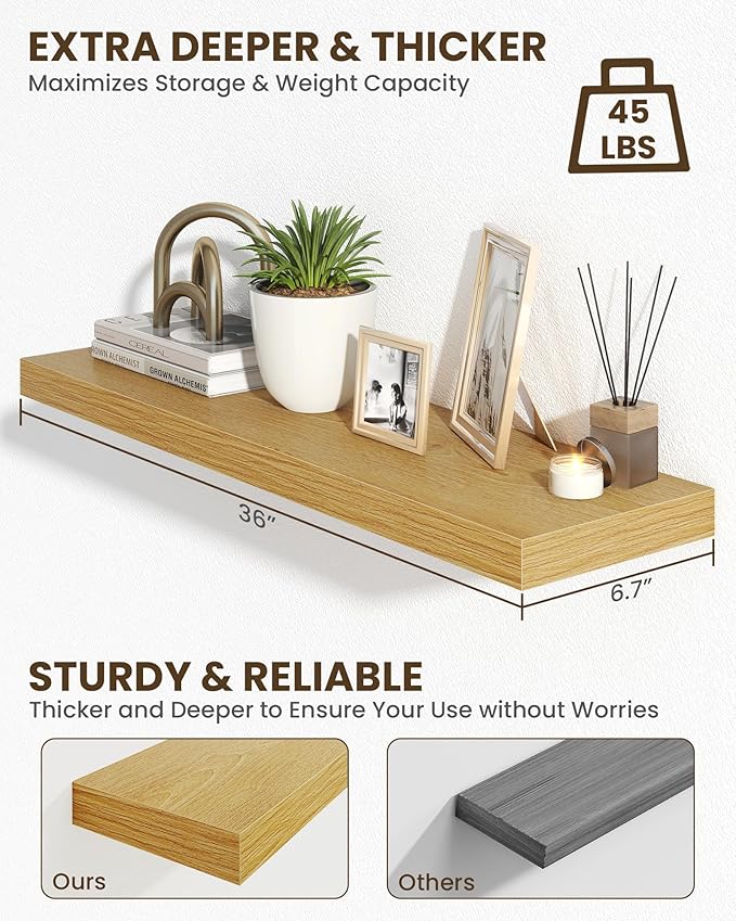 Marsmiles 36" Floating Shelves for Wall, Wooden Shelves with Invisible Brackets Set of 2, Rustic Farmhouse Wall Mounted Shelf for Kitchen Bathroom Living Room Study, Natural Oak-Ruum Studio Home