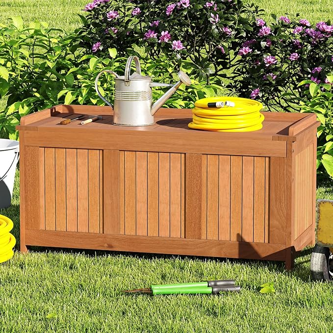 Tangkula 58 Gallon Wood Deck Box, 3-in-1 Patio Storage Bench Stool w/Flip Top for Cushions, Pool Supplies, Gardening Tools, Outdoor Container Chest for Garden, Backyard, Poolside-Ruum Studio Home