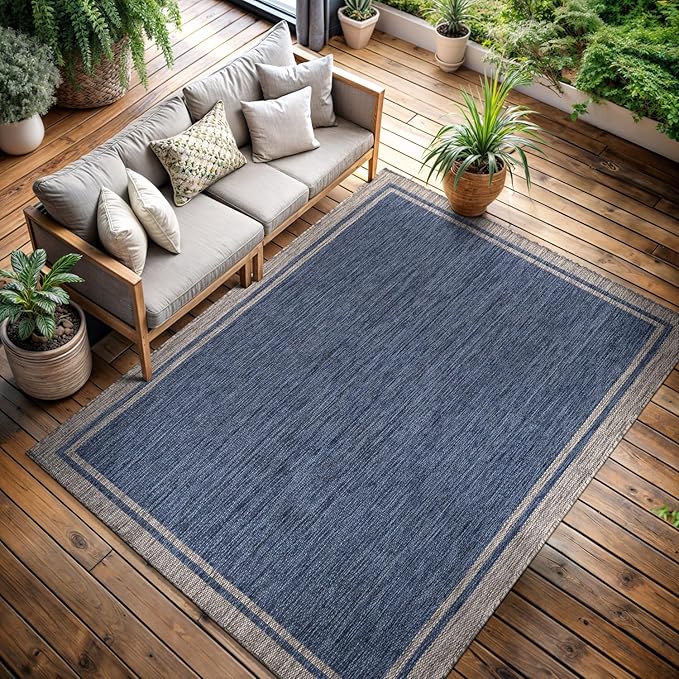 CAMILSON Indoor Outdoor Rug, 10x14 Bordered Navy Blue Gray Modern Large Area Rugs for Indoor and Outdoor Patios, Porches Waterproof Washable Porch Deck Outside Carpet (Bordered Navy, 10 x 14)-Ruum Studio Home