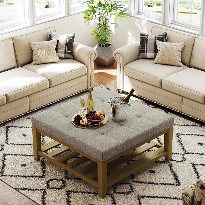 Large Square Ottoman Coffee Table, Linen Solid Upholstered Footrest Ottoman with Solid Wood Shelf Storage Tufted Coffee Table for Bedroom Living Room, Linen-Ruum Studio Home