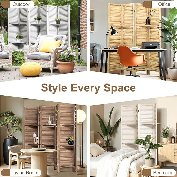 Osparple Room Divider with Shelves 4 Panel Wooden Folding Room Dividers Privacy Screen Wall Divider for Room Separation for Office and Apartment, Natural-Ruum Studio Home