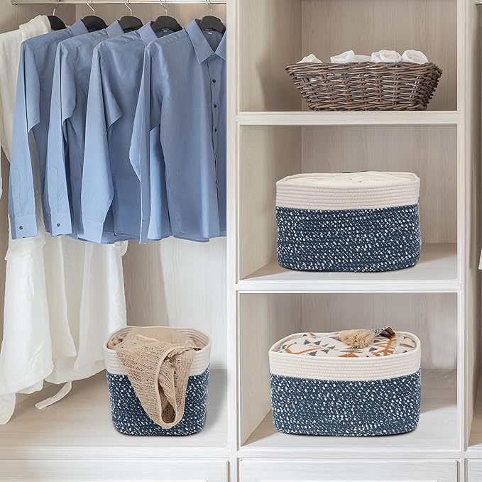 White and Blue Cotton Rope storage Basket Bins Woven Basket for Organizing Shelves 14.5X9.5X9.3“ Rectangle Decorative Baskets For storage Books Towels Wicker Nursery basket organizer Set of 3-Ruum Studio Home