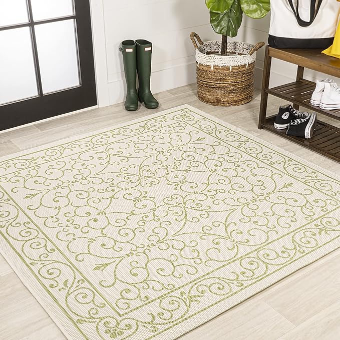 JONATHAN Y Vintage Filigree Indoor Outdoor Square Area Rug 5X5 Cream/Green, Charleston Textured Weave for Backyard, Patio, Porch, Easy-Cleaning, High Traffic, Pet-Friendly, Non-Shedding (SMB106I-5SQ)-Ruum Studio Home