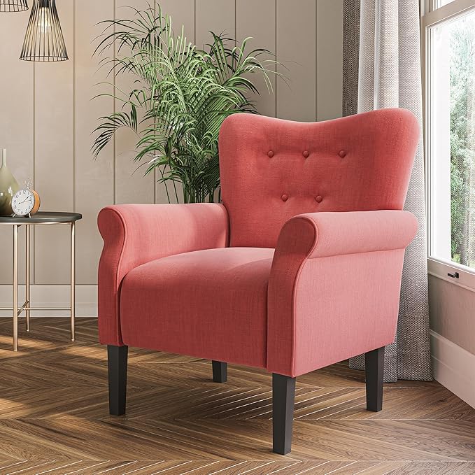 BELLEZE Modern Accent Chair for Living Room, High Back Armchair with Wooden Legs, Upholstered Wingback Side Chair Padded Armrest Single Sofa Club Chair for Living Room, Bedroom - Allston (Brick)-Ruum Studio Home