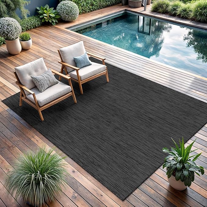 CAMILSON Outdoor Rug 9x12 Modern Area Rugs for Large Indoor and Outdoor Patios and Porches - Waterproof, Washable, Non-Shedding, Easy-to-Clean Outside Carpet (9 x 12, Solid - Dark Gray)-Ruum Studio Home