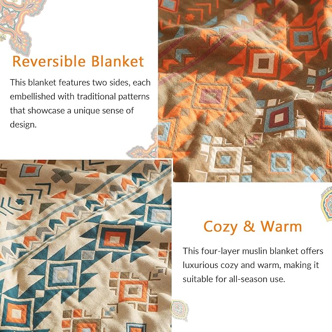 Boho Throw Blanket for Couch Sofa Bed, 100% Cotton Woven Quilt with Tassel 60”x80”, Super Soft Muslin Blanket with Patchwork Printed, Decorative Reversible Bed Blanket/Cover for All Seasons-Ruum Studio Home