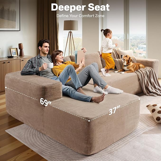104" Cloud Sectional Couches for Living Room,L Shaped Boneless Couch in A Box,Sleeper Sofa with Comfy Chaise No Assembly Required,Camel-Ruum Studio Home