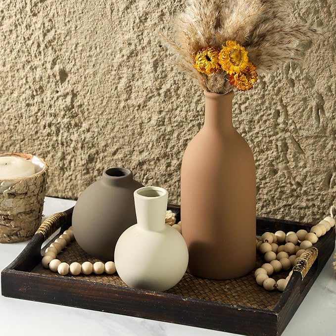 Vase Set of 3 | Ceramic Neutral Vases Home Decor | Rustic Flower Pottery Vases Modern Farmhouse Vase for Table Entryway Mantel Centerpiece Bookshelf Living Room Bathroom Bedroom -Brown Large-Ruum Studio Home