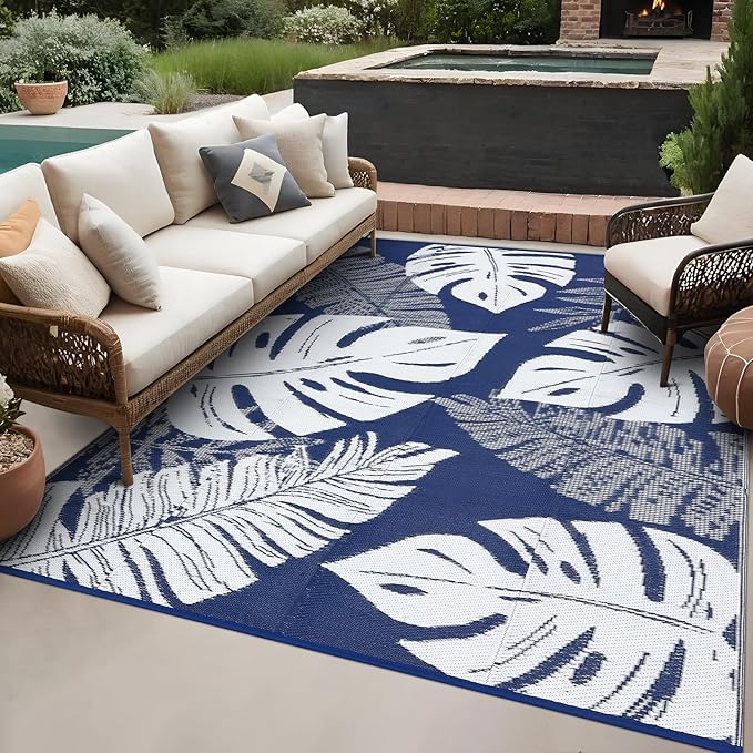 GAOMON Large Outdoor Plastic Rug 10x14 Waterproof Straw Rug Reversible Foldable Camping Mat with Stakes & Bag, Modern Tropical Leaf Farmhouse Outside Carpet for Patio RV Garden Deck, Blue-Ruum Studio Home