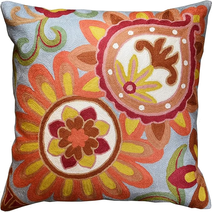 Soft Turquoise Hand Embroidered Floral Pillow Cover Flower Pillows Loral Outdoor Pillowcase Suzani Cushions Flower Chair Cushion Hand Embroidered Wool Size 18x18-Ruum Studio Home