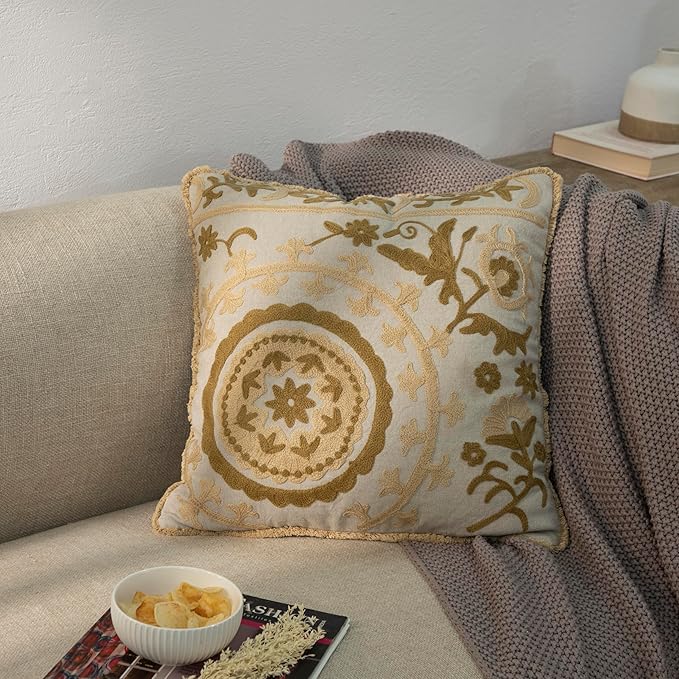 Embroidered Mandala Floral Vintage Indian Cotton Decorative Embroidery Throw Pillow Covers, Fringes Lace Cushion Cover, Pillow Case for Sofa Couch Bed Chair 18" x 18"-Ruum Studio Home