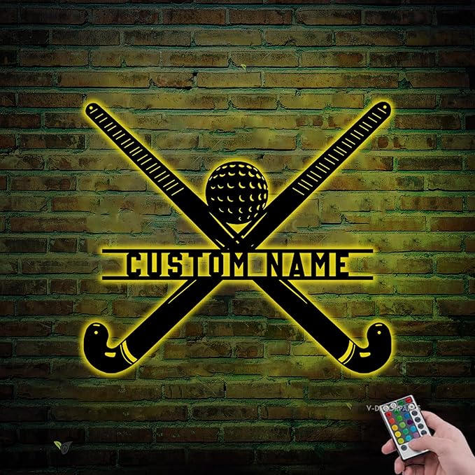 Custom Hockey LED Wall Sign - Hockey Metal Wall Art with Helmet & Sticks, 16-Color LED with Remote Control, Hockey Decor for Boys Room, Players, Fans, Coaches, Man Cave, Sports Lovers-Ruum Studio Home