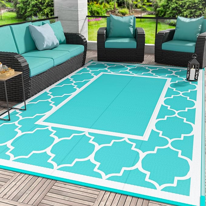GENIMO 6' x 9' Outdoor Rug Waterproof for Patio Decor, Reversible Plastic Straw Area Mats Carpet for Camper Clearance, Outside Carpet for Rv, Deck, Porch, Beach, Balcony, Aqua Blue & White-Ruum Studio Home