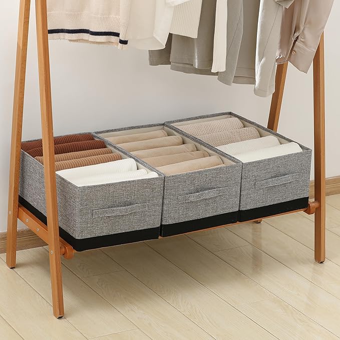 Linen Folding Storage Bins, 3 Pack Large Storage Baskets, Washable, Clothing Storage Bins with Handle, Closet Organizer for Storage Sweater,Sheets (gray black, 18½"x11"x8½")-Ruum Studio Home