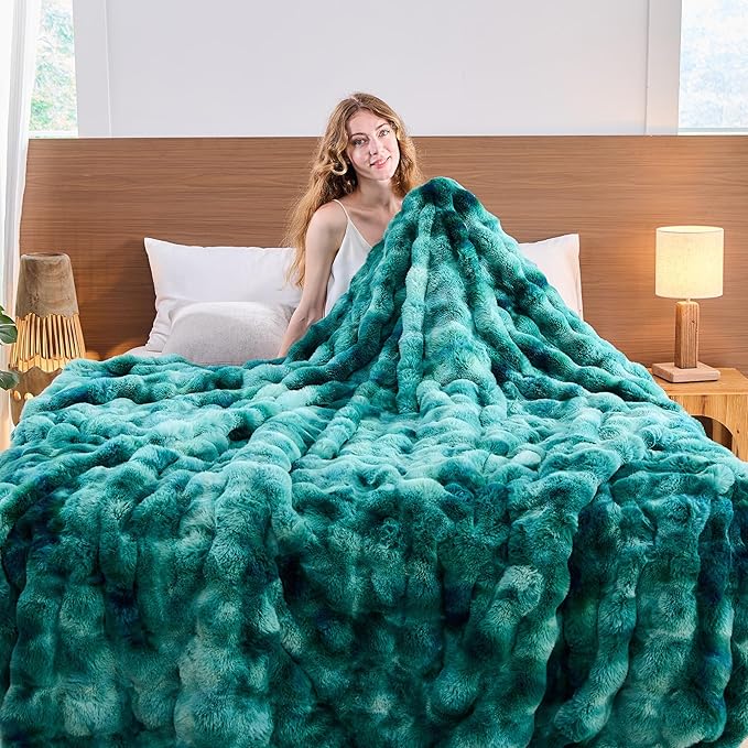 Lotus Karen Faux Fur Throw Blanket Tie-Dye Green - Big Bubble Rabbit Fluff Blanket for Couch,Small Fluffy Fuzzy Cozy Blanket,Thick Furry Plush Shaggy Blankets,60x80 Inches-Ruum Studio Home