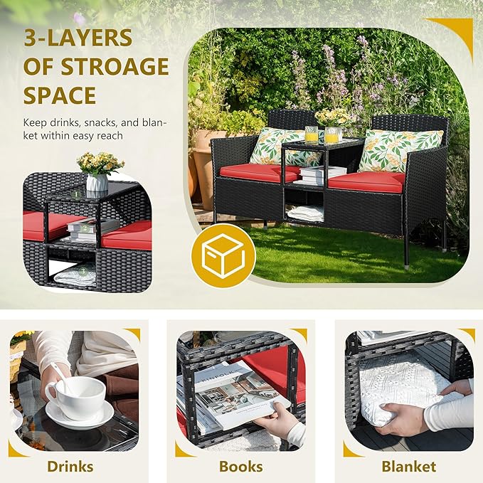 Flamaker Outdoor Furniture Patio Loveseat Wicker 2-Seat with Built-in Table and Cushions Rattan Porch Chairs Bench for Balcony, Lawn, Backyard (Red)-Ruum Studio Home