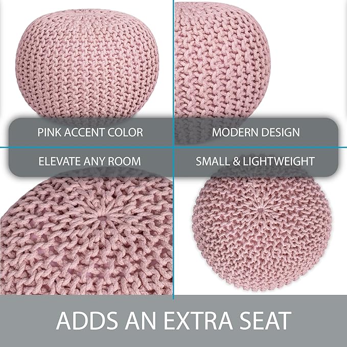 BIRDROCK HOME Round Pouf Ottoman | Cotton Braided Foot Stool with Bean Bag Filling | Boho Foot Rest for Living Room & Bedroom | Compact & Comfortable Seating, Lightweight & Soft | Dusty Rose-Ruum Studio Home