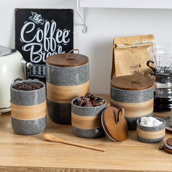 Large Storage Containers with Lids, Ceramic Coffee Container Kitchen Food Storage Cookie Jars with Airtight Lid for Spice Sugar Tea Bag, Stackable Decorative Jars for Counter, Grey & 61oz-Ruum Studio Home