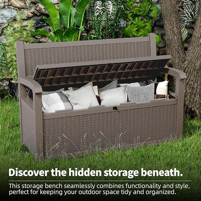 80 Gallon Storage Bench Deck Box Waterproof Lockable,Outdoor Storage Furniture for Patio,Garden and Cushions(Gray)-Ruum Studio Home