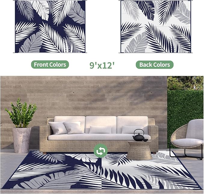 GENIMO Outdoor Rug 9' x 12' Waterproof for Patios Clearance, Reversible Outdoor Plastic Straw Camping Rug Carpet, Large Area Rugs Mats for RV, Camper, Deck, Balcony, Porch, Beach, Navy Blue&White-Ruum Studio Home