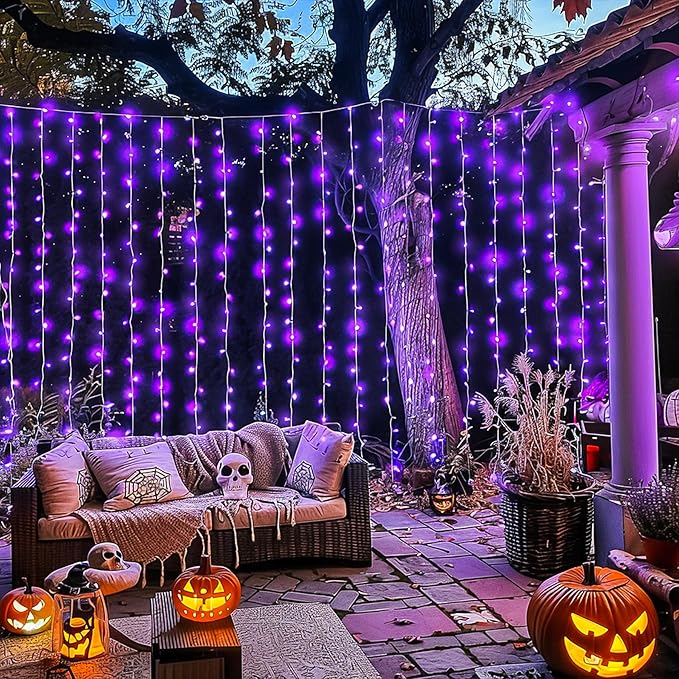 JMEXSUSS 300LED Purple Halloween Lights with Remote, Curtain Hanging Light Plug in, 8 Modes Purple String Lights for Bedroom Window Wall Party Backdrop Christmas Halloween Decorations-Ruum Studio Home
