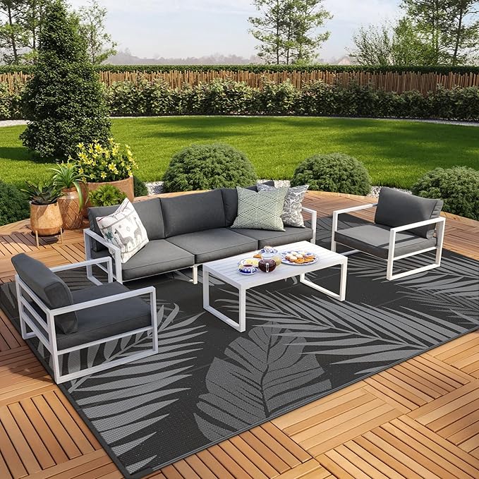 GENIMO Outdoor Rug 10' x 14' Waterproof for Patios Clearance, Reversible Outdoor Plastic Straw Camping Rug Carpet, Large Area Rugs Mats for RV, Camper, Deck, Balcony, Porch, Beach, Picnic, Black&Grey-Ruum Studio Home