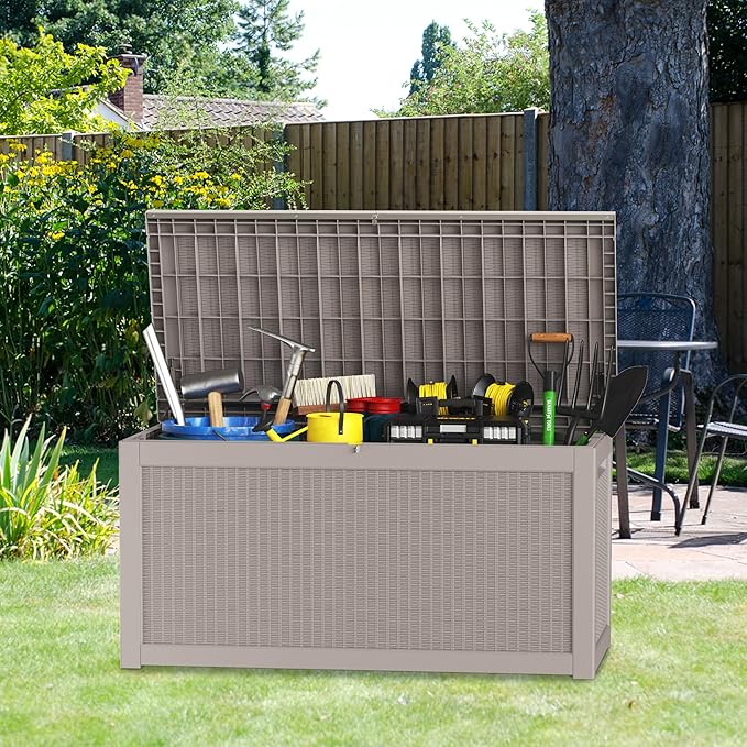 260 Gallon Deck Box XXL Large Outdoor Storage for Patio Furniture,Outdoor Cushions,Garden Tools and Pool Supplies,Waterproof,Resin,Lockable(Grey Rattan)-Ruum Studio Home