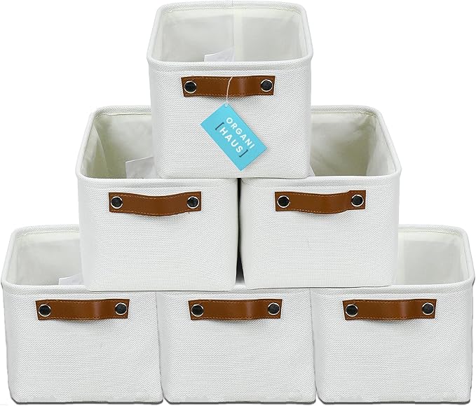 OrganiHaus Small Fabric Storage Baskets for Shelves 6 Pack, 12x8in Closet Storage Bins for Shelves, Cloth Baskets for Organizing, Linen Closet Organizers, Fabric Basket, White Basket-Ruum Studio Home